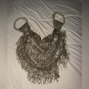 Silver Fringe Handbag with Circular Handles